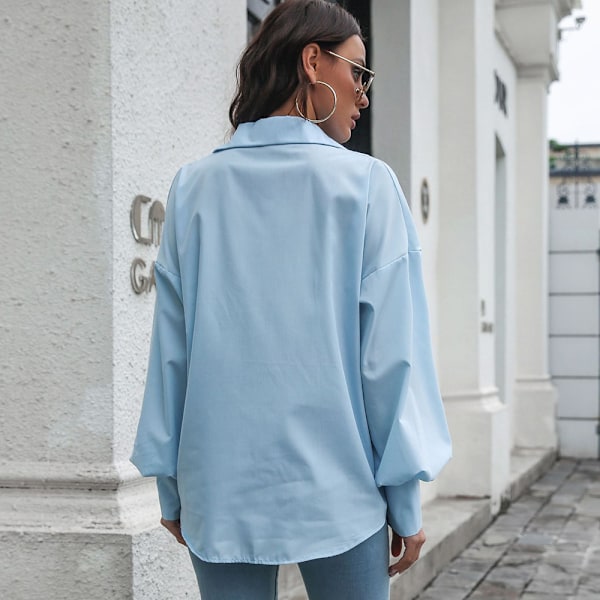 Kvinnors Knapp-Ner Skjortor Lång/Kort Ärm Kontorsblusar Business Casual Toppar Lös Skjorta - Blå