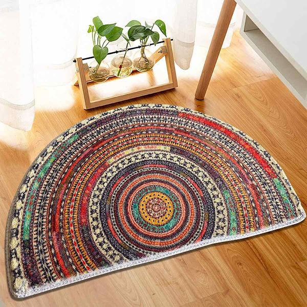Halvrund dörrmatta, Halvcirkel badrumsgolvmatta, Mandala Boho Bohemian Non-Slip Välkommen Entré Way Absorberande badmatta, Mikrofibertuftad inomhus