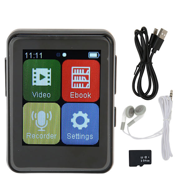 MP3-spelare Bluetooth 5.0 Intelligent HD Brusreducering FM-radio E-bok 1,8 tum Full pekskärm MP3-spelare Svart 64 GB minneskort