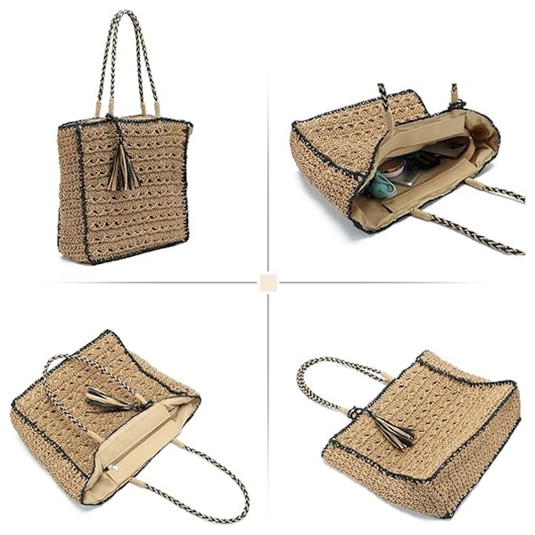Kvinders Stro Shoulder Bag Tote Sommer Strand Vævet Håndlavet Vævet Håndtaske