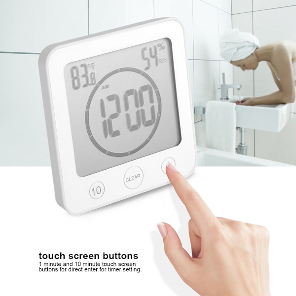 Vandafvisende Badeværelses Timer Vægur Digital LCD Termometer Hygrometer Sugeskål Hvid