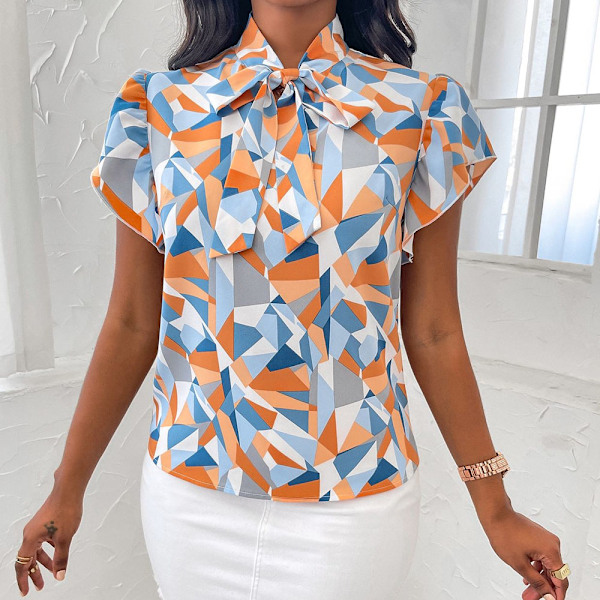 Kvinner Casual Korte Ermer Ruffled Trim Sløyfe Bluser Topp Skjorter