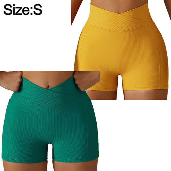 2 Dame High-Waist Stramme Løbeshorts, Kryds-Talje Hip Løft Yoga Shorts, Lomme Cykling Løbe Fitness Bukser