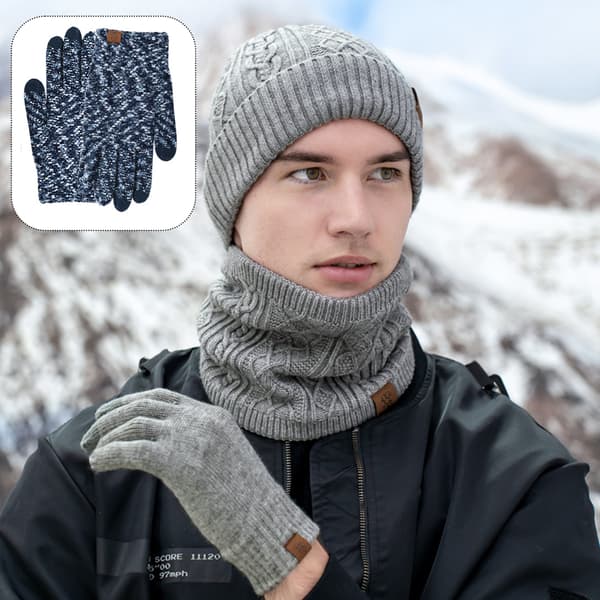 Scarf Touchscreen Gloves Large Hat Scarf Gloves Set Thick Knitted Beanie[TT] Black+blue+white
