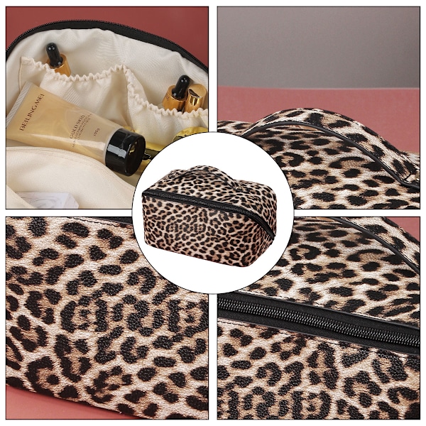 Kosmetisk Rejsetaske til Kvinder, Leopard Print Stor Kapacitet Kosmetisk Taske, Åbner Flad Makeup Tasker
