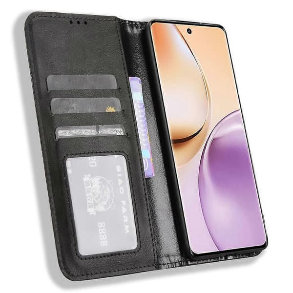 Pungcover til Realme 14 Pro 5G med stativ, retro tekstur læder telefoncover - sort (sort)
