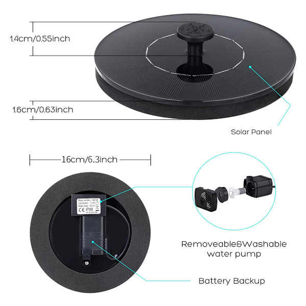Solcellsdriven fontän för utomhus, fågelbad, poolfontän, trädgårdspoolfontän, innergårdsinredning Round