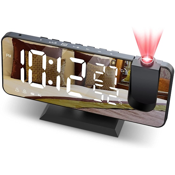 Projektionsväckarklocka för sovrumstak, digital väckarklocka med radio och USB-laddningsportar, LED-skärm, 4 dimmer, dubbel väckarklocka med