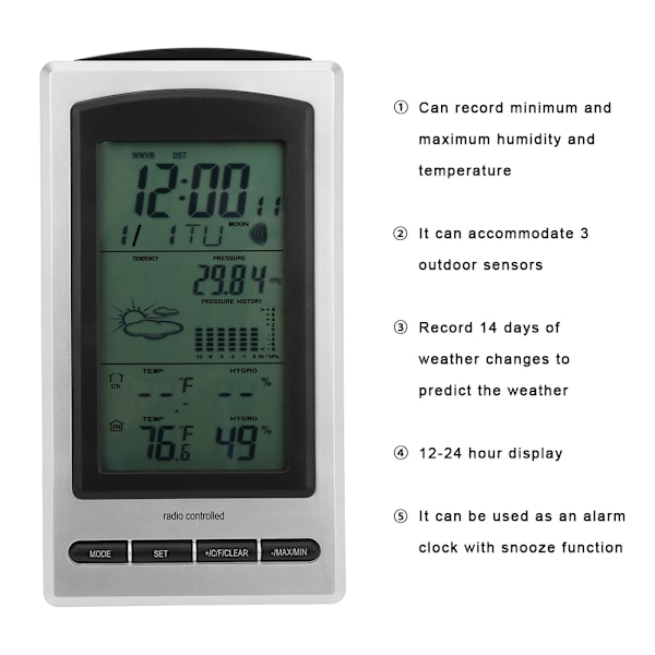 WS1066 Digital Termometer Hygrometer Temperatur Luftfugtighedstester Kalender Tid Visning