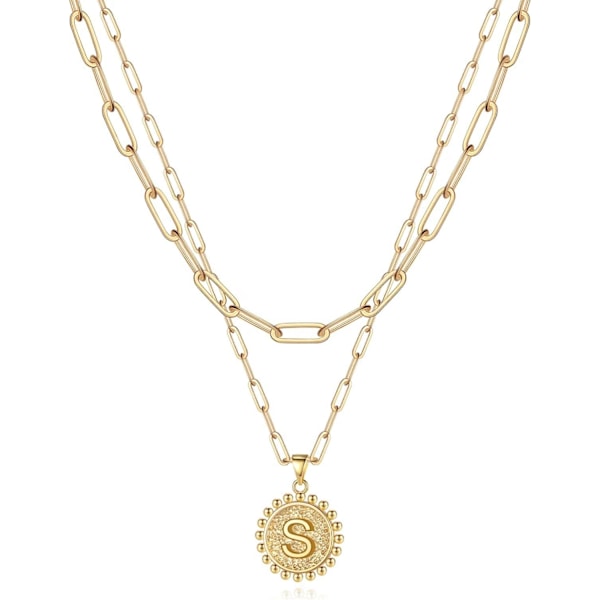Guld Initial Halsband för Kvinnor Flickor, 14K Guldpläterad Fin Lager Papper Klipp Länk Halsband Personlig Mynt Initial Lager Guld