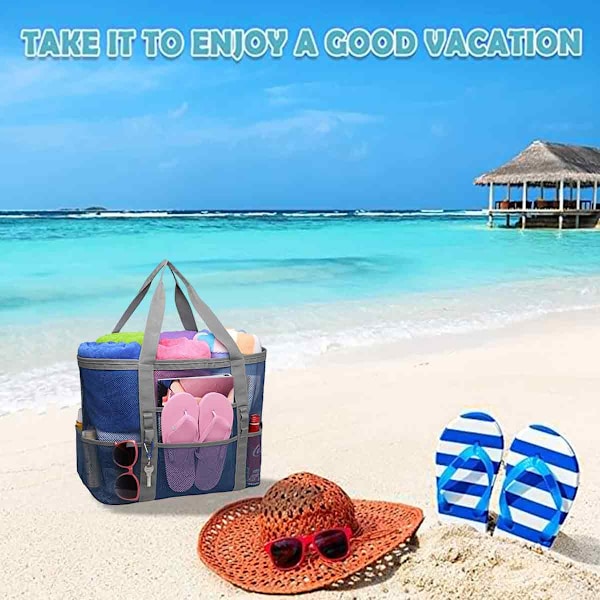 Stor Strandväska Poolväskor, Mesh Strandväska för Leksaker, Handduk, Flip Flops, Strandväska, 42*38*20cm