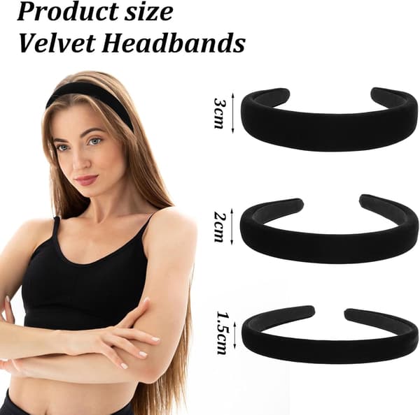 3-delt sæt, 3 størrelser, fløjlsdiadem, sorte diademer, damer, 1cm, 2cm, 3cm, ensfarvede enkle diademer, hårtilbehør til piger. black