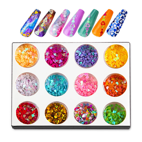 Nagelkonst hål glitter sequin 12-färgad holografisk glitter blandad hjärtformad Alla hjärtans dag nageldekal