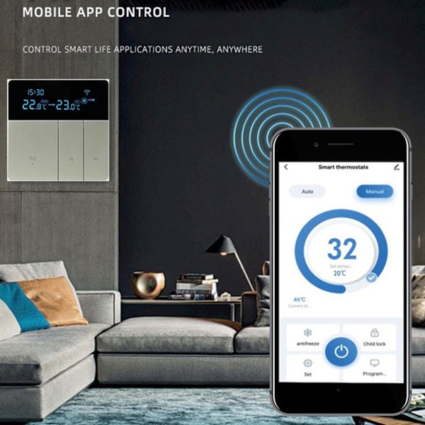 3A Smart Termostat LCD Fargeskjerm Høy Nøyaktighet Programmerbar Termostat Vannvarme Kjelvarme for Hjem Handlecenter AC90‑240V Grå WiFi