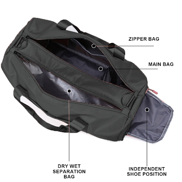 Reisebagg for kvinner og menn, tørr og våt separasjon treningsbagg, duffelbagg med sko-rom, weekendbagg, 40*21*20cm