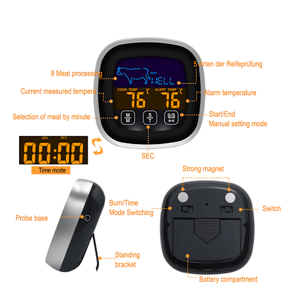 Digital kötttermometer med stor pekskärm LCD, med lång sond, kökstimer, bakgrundsbelysning Omedelbar avläsning för rökare Köksgrillugn, grill