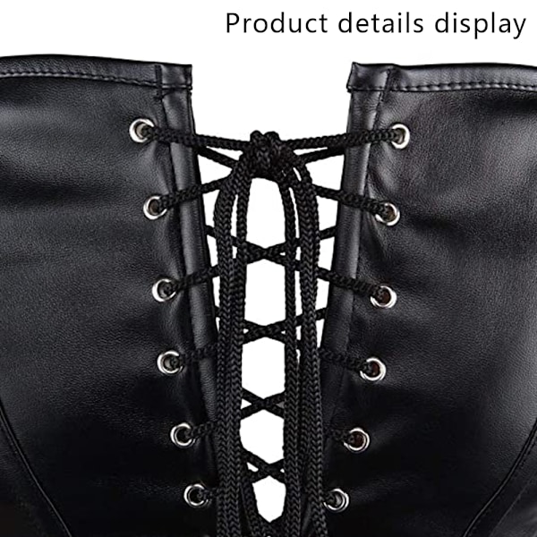 Punk Rock Faux Läder Steampunk Korsett Set Retro Goth Överbyst Stål Bustier med Kjol - Svart