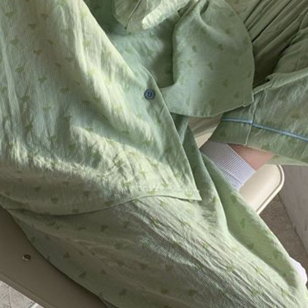 Dam Pyjamas Set med Långärmad, Söt Liten Grön Hjärtprint, 2-Delar, Sovrumsplagg för Höst/Vinter, Grön, Storlek L