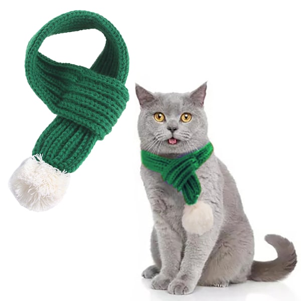 Stickad hundhalsduk med vit pompom, varm bandana, vintersemester, husdjurstillbehör, katthalsdukar (grön)