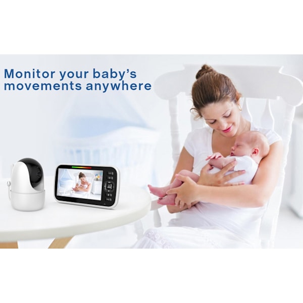 Babymonitor med kamera, 5 tum display, 300 meter räckvidd, infraröd nattseende, tvåvägs ljud, temperaturgivare, vaggvisor, 100‑240V EU-kontakt