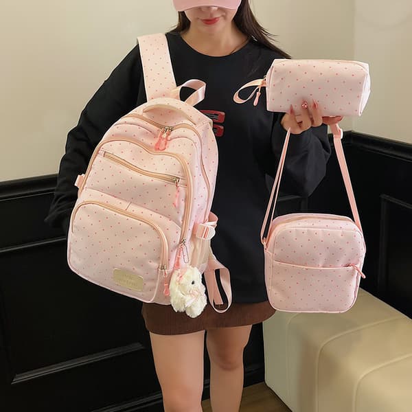 Pink Minimalist Polka Dot School Bag 3-Piece Set: Backpack, Shoulder Bag, Pencil Case – Everyday Set for Students