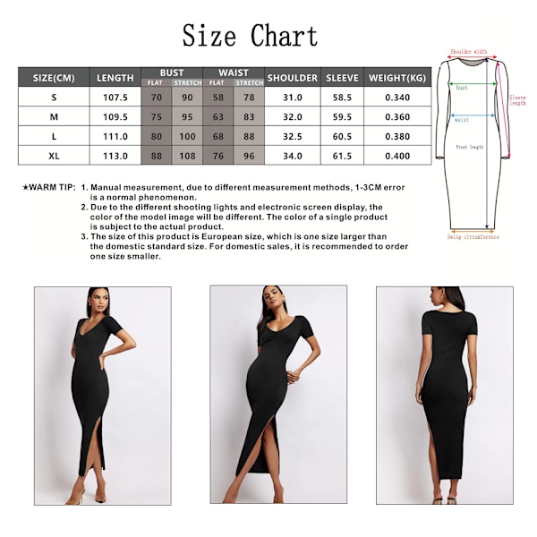 Kvindesort Side Split Dyb V-hals Bodycon Maxi Kjole Split Kort Ærme Aftenfest Lange Kjoler
