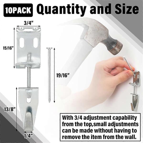 10 Pcs Adjustable Picture Hangers J Hooks Mirror Hanging Kit with Hanger Hooks for Mirrors Pictures Silver