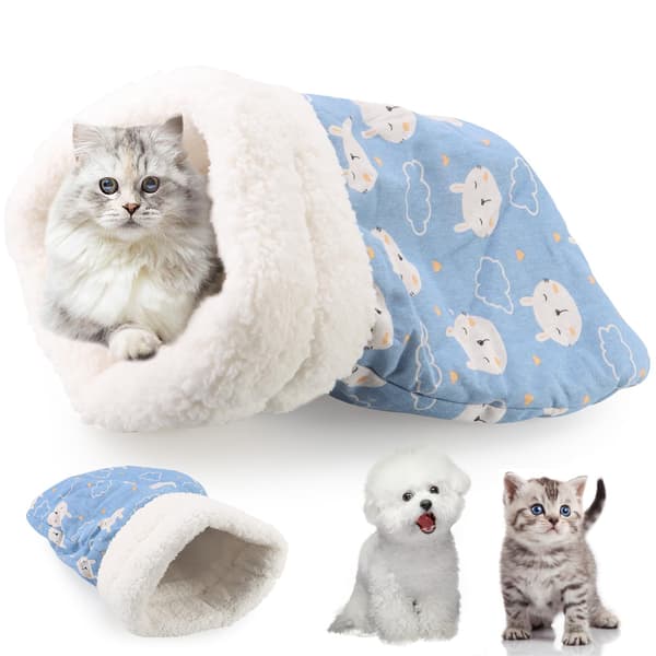 Cat Sleeping Bag Bed, Winter Plush Sack Self-Warming Cave Bed for Indoor Cats (Blue)
