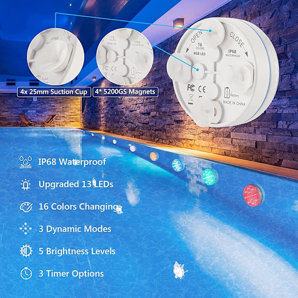Nedsänkbar LED-lampa, 2 delar 13 LED-lampor Flerfärgade poollampor med fjärrkontroll Undervattenslampor Belysning IP68 Badkarslampor för