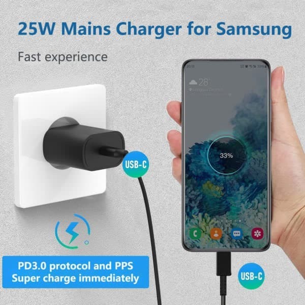 USB C Oplader Hurtig og Sikker Telefonopladningsadapter til GalaxyS23, S22, S21, S20, S10, Note 20, A53, A52, A33 A72