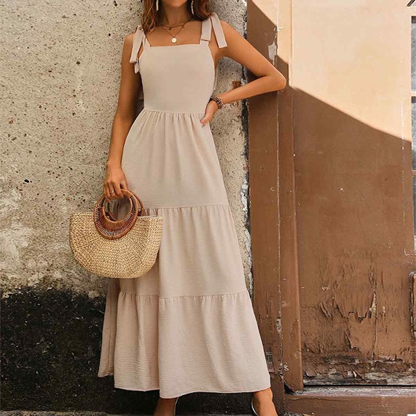 Sommer Boho Spaghettirem Square Neck Solid Farve Ruffle A-Linje Strand Lang Kjole til Kvinder