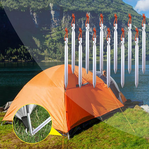 Tältpinnar för utomhus, himmelsgardin, markspik, aluminiumlegering, tygväska, camping, camping, trekantiga, robusta tältpinnar med rep