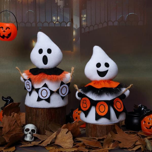 Halloween-karakterer, 2 grinende dekorationsdukker, af stof -