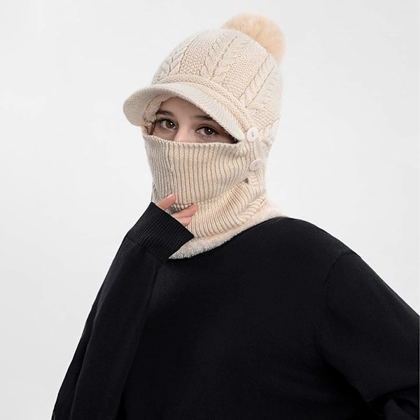 Vinterlue for kvinner, endelte fleecefôret strikkede balaklavaer maske sett skalle nakke sirkel skjerf ski snø lue med pompom