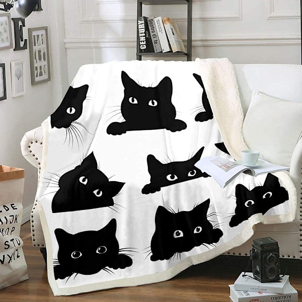Svart print för barn Flickor Husdjur Katter Mönster flanellfleecefilt Söta katter Djurtema Gosfilt 130x150 cm för bäddsoffa