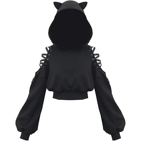 Kvinnliga Hoodies Långärmad Söt Öronkatt Av Axel Crop Top Tröja