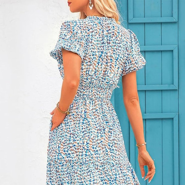 Sommer Maxi Kjole til Kvinder Casual V-hals Puff Kortærmet Smocked Ruffle Flydende Strand Boho Lang Blomsterkjole