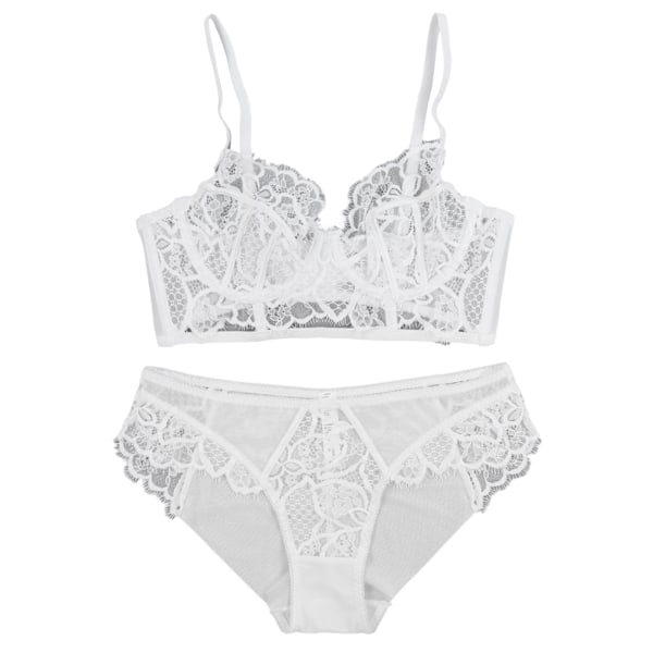 Spetsbh-set Underkläder Blommig Justerbar Rem V-ringad Transparent Bh Trosset för Kvinnor Vit 70B
