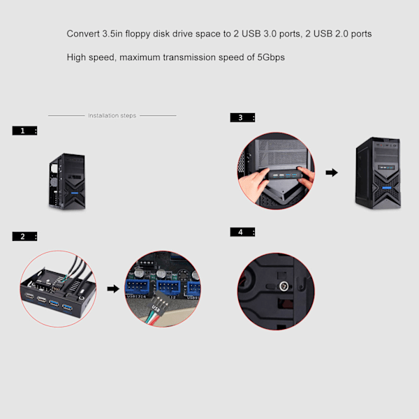 3,5 Tums Frontpanel USB3.0 Hub Hög Hastighet 4 Port Intern Combo Fäste Adapter för PC Desktop 3,5 Tums Diskett Fack
