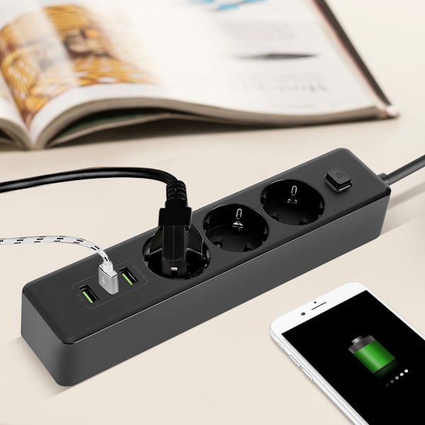EU-kontakt Smart USB-strömskena 3-ports 3-uttag Vägguttag Överbelastningsskydd Svart