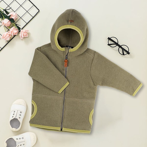 Høst- og vinterjakke i fleece for gutter og jenter, babyfleecejakke med hette (grønn)