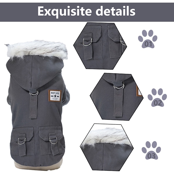 Vinterjacka för hund, hundjackor för små hundar vinter, vinterhundtröja med fickor, varma hundkläder (grå)