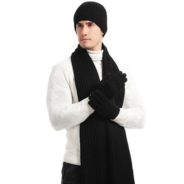 Vinterstrikket varm lue, skjerf og hansker for kvinner - Beanie + langt skjerf + berøringsskjermhansker - Hodeskalleluer, hals skjerf for kvinner og menn