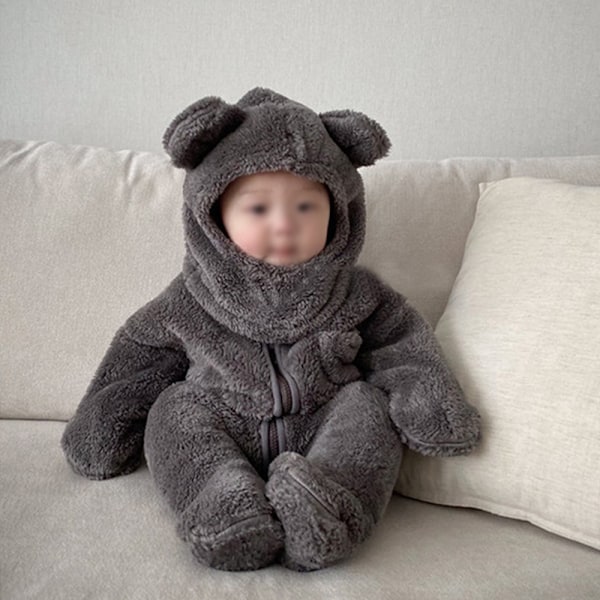 Baby vinterforstærket pelset onesie Varmt wrap fod lang krybende dragt (grå)