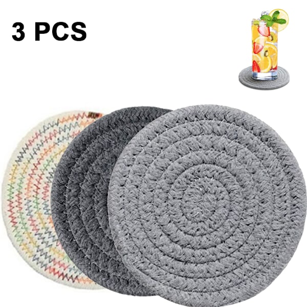 Set med 3 Cotton Weave Hot Coasters | Hot Pads för kök | Underlägg i bomullsrep, bordstabletter, grytlappar, isolering, hållbar bomullstråd