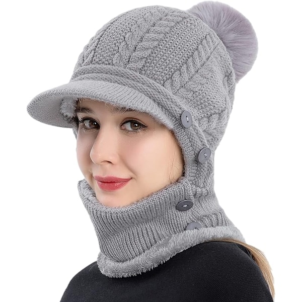 Vinterlue for kvinner, endelte fleecefôret strikkede balaklavaer maske sett skalle nakke sirkel skjerf ski snø lue med pompom