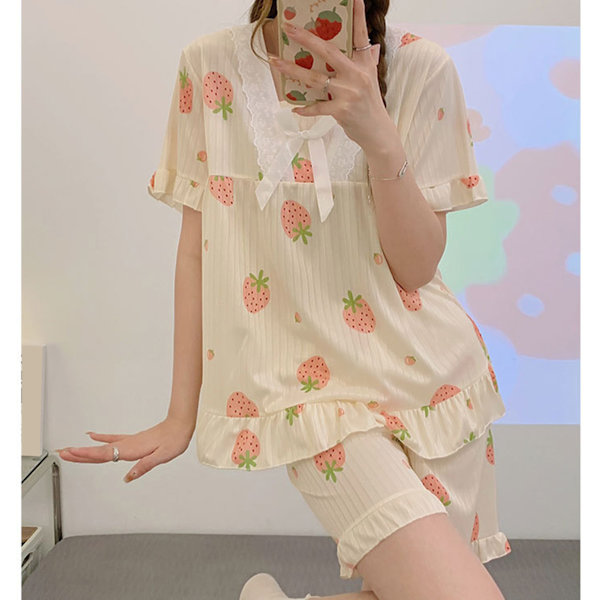 Dam Pyjamas Set med Korta Ärmar, Två Delar, Söt Tryckt Volangkant, Fluga, Loungewear Set Typ 1 L