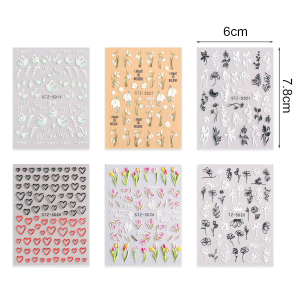 6 stk 5D blomster negl-klistremerker, dekorative utskårne blomster-slidere, vår/sommer preget blomsterdesign tilbehør