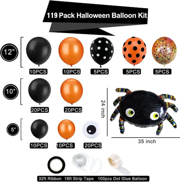 119 stk. Halloween Ballonbue Guirlande Sæt, Orange Sort Konfetti