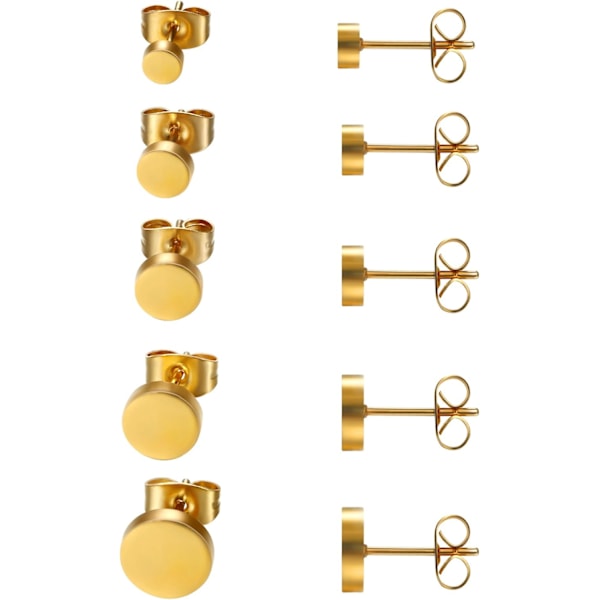 Smykker 5 Par Stud Sæt, Rustfrit Stål Flade Runde Polerede Øreringe Øresmykker til Kvinder & Mænd, Sølv / Guld / Sort